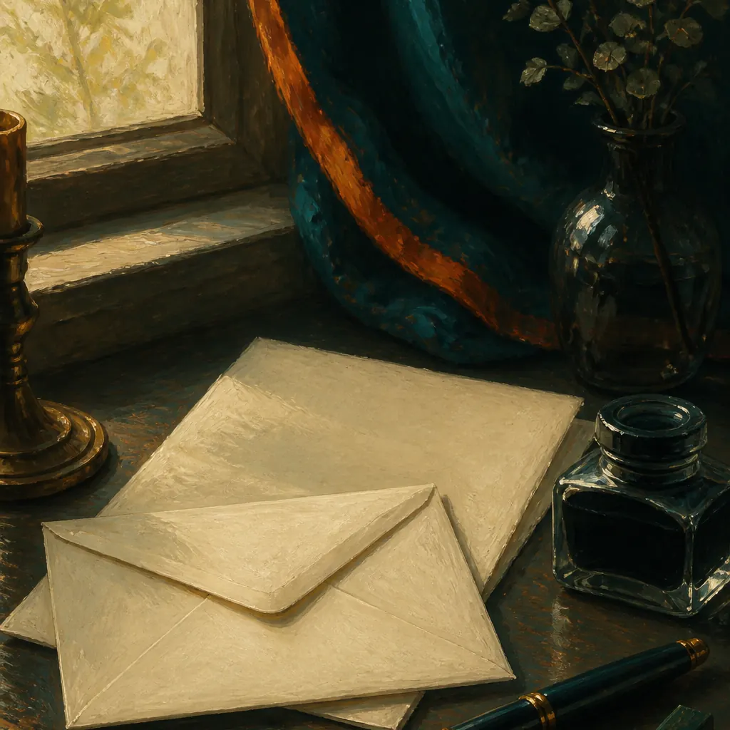 Letters, an inkwell, and a fountain pen on a desk by a window