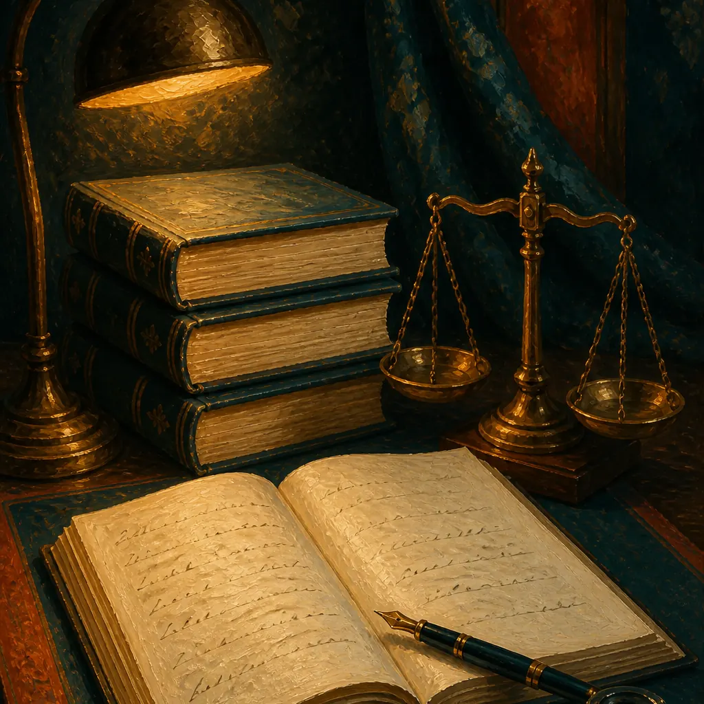 Schreibtisch mit Büchern, einer Messingwaage und einer Füllfeder