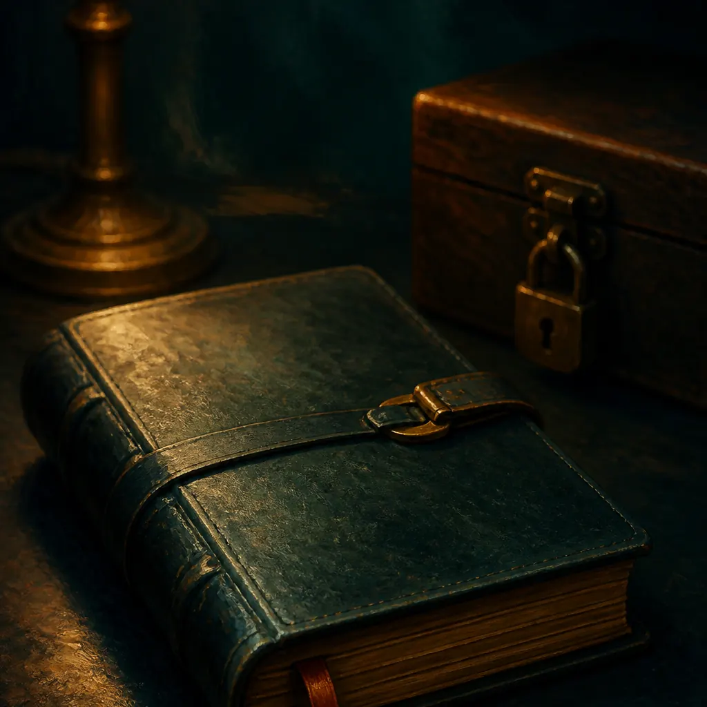 Closed leather journal with a clasp beside a locked wooden box