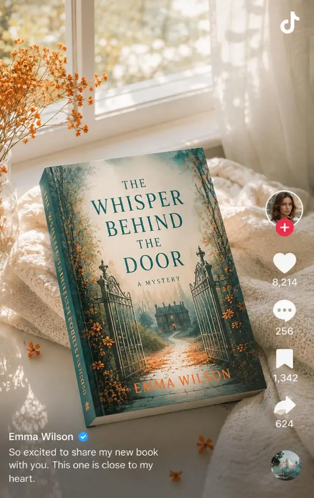 TikTok post by Emma Wilson sharing her mystery novel The Whisper Behind the Door