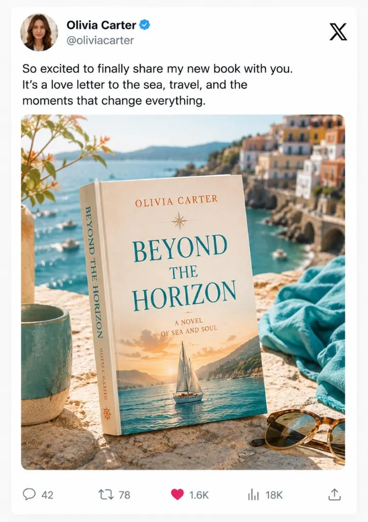 X post by Olivia Carter promoting her book Beyond the Horizon against a coastal backdrop